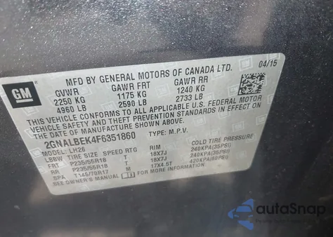 2015 Chevrolet Equinox 1Lt z USA, uszkodzony, nr VIN 2GNALBEK4F6351860